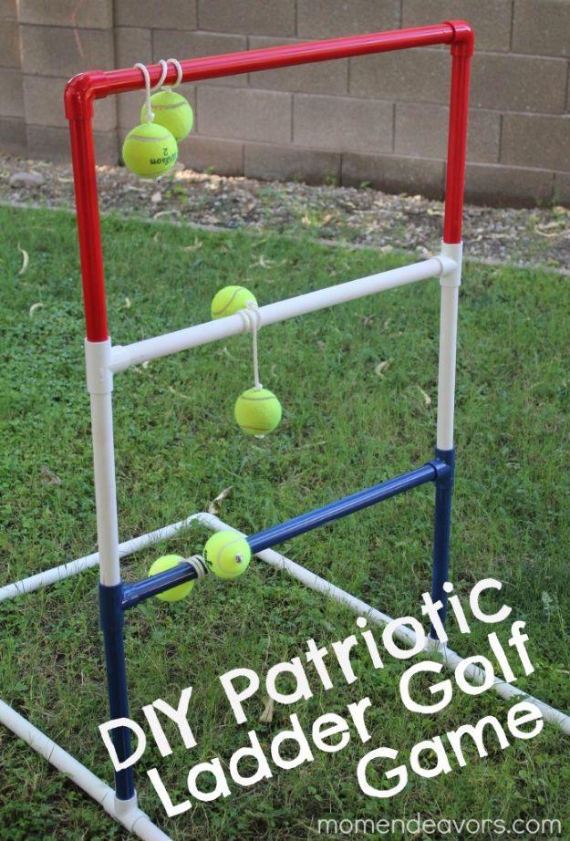 DIY patriotic ladder golf game in red white and blue PVC with tennis ball bolas draped over the rungs