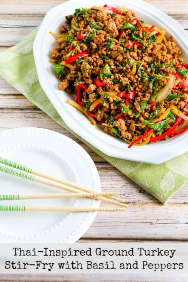Ground Turkey Recipes - Thai-Inspired Ground Turkey Stir-Fry with Basil and Peppers - Healthy and Easy Turkey Recipe Ideas for Dinner, Lunch, Snack - Quick Crockpot and Instant Pot