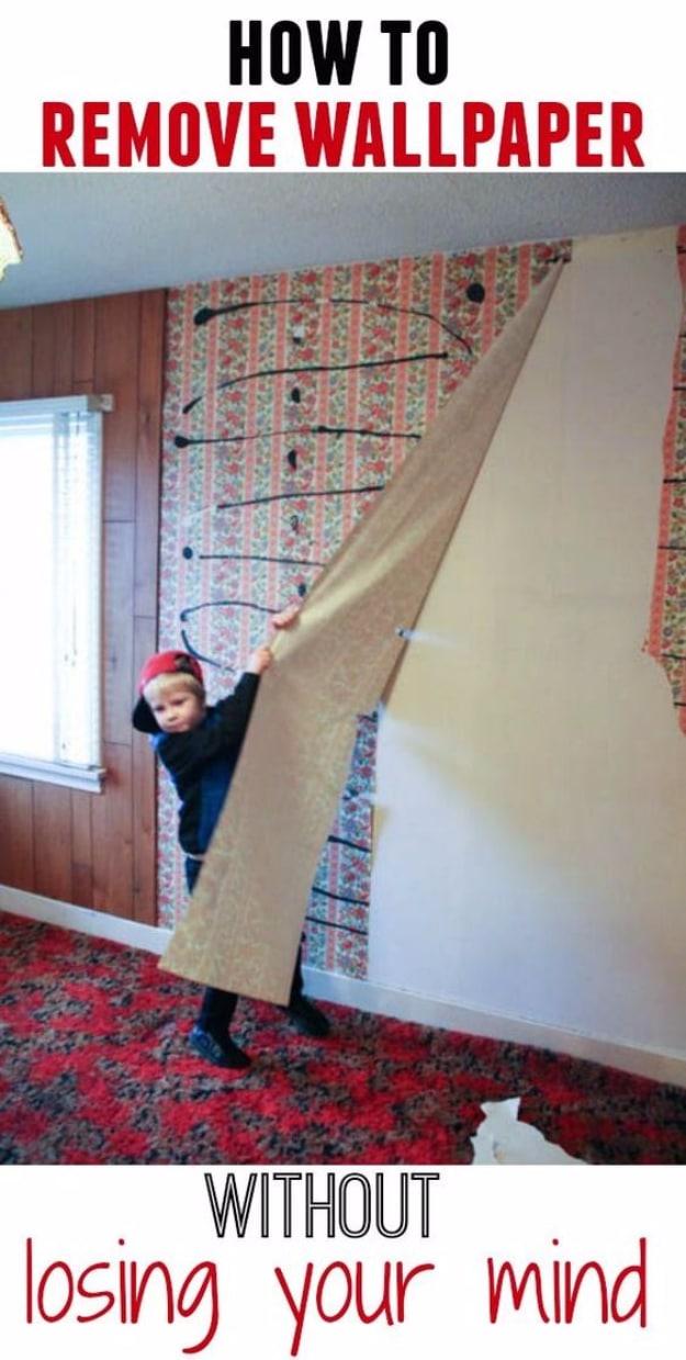 DIY home repair: a child peeling a sheet of old wallpaper off a wall, under a typeset How to Remove Wallpaper title