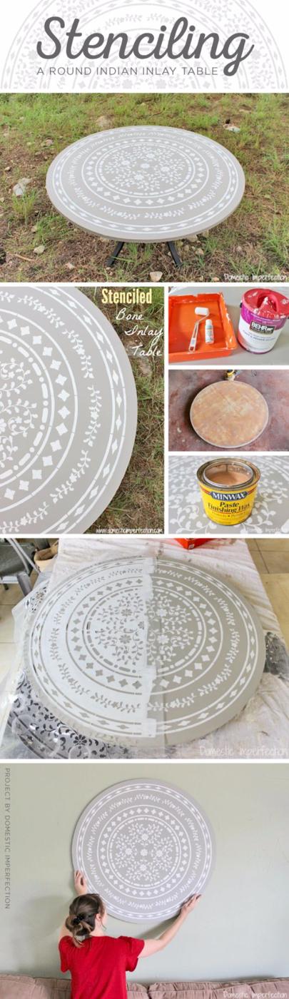 Stenciling a round Indian inlay table, a step by step collage of a white medallion painted on a table