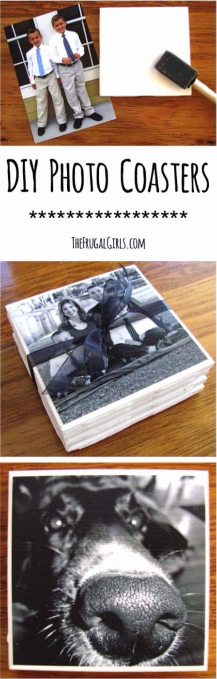 DIY Photo Coasters, a thoughtful parent gift, basic enough in supplies to skip an extra shopping trip