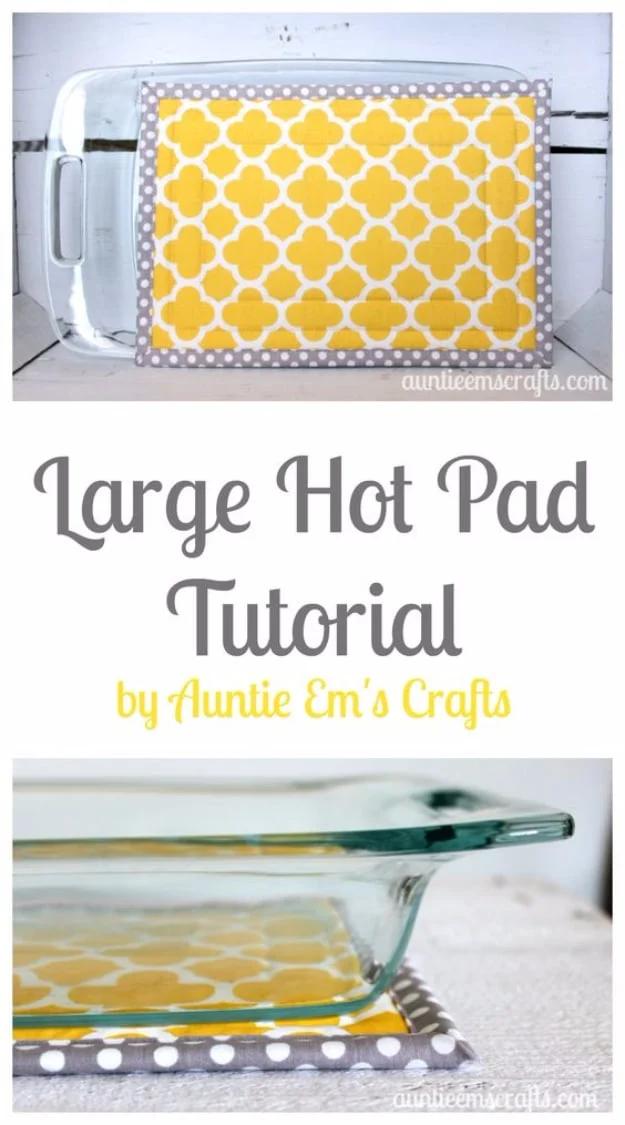 Yellow and gray quilted hot pad under a glass casserole dish, shown above and below a typeset title band