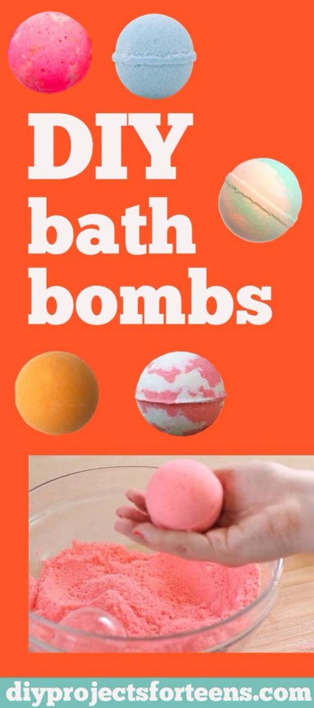 DIY Lush bath bombs, pink blue and orange bath bombs above a photo of a hand packing pink mixture in a bowl