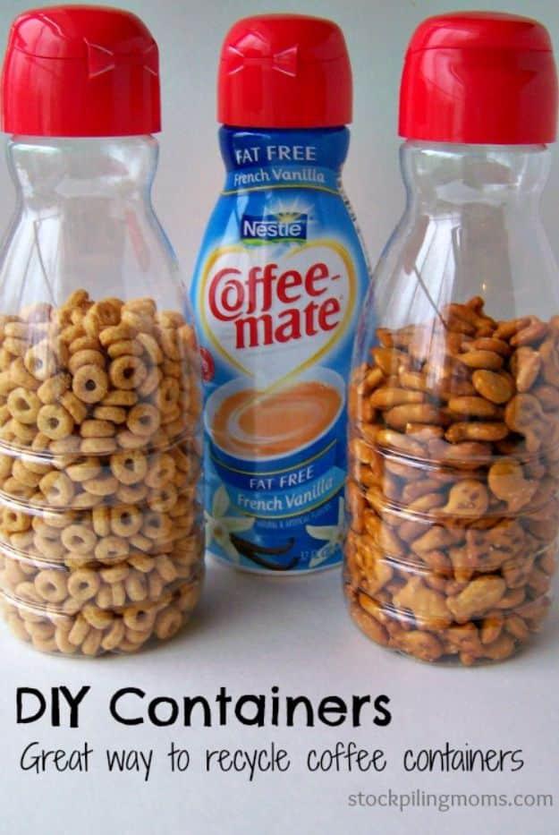 DIY containers from recycled coffee creamer bottles filled with cereal and almonds beside an original bottle