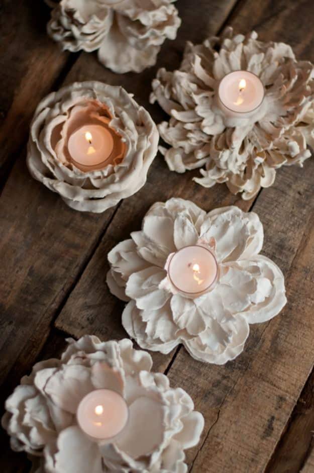 DIY Candle Holders - Plaster Flower Votives - Easy Ideas for Home Decor With Candles, Tall Candlesticks and Votives - Fun Wooden, Rustic, Glass, Mason Jar, Boho and Projects With I