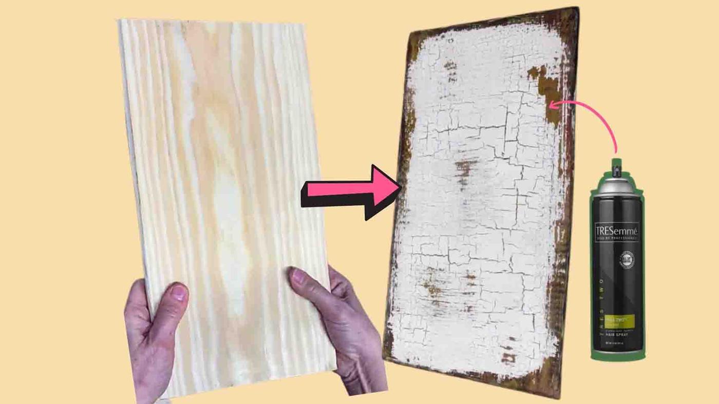 Distress new wood with hairspray, a new pine board beside the same board finished in chippy white over warm terracotta