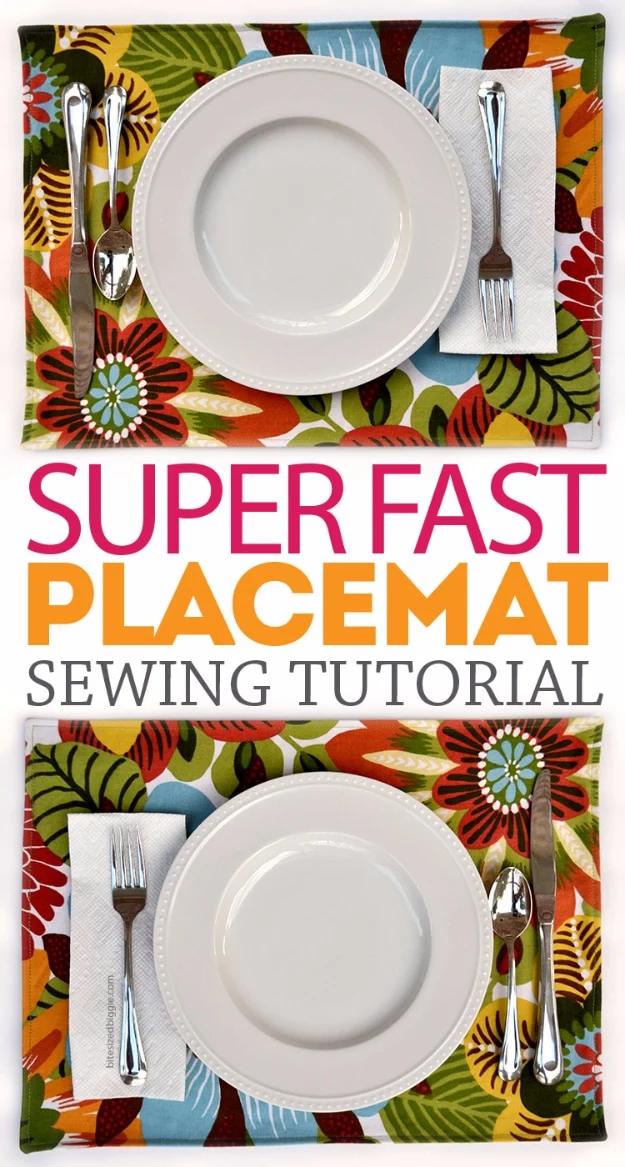 Bright floral placemat set with a white plate, cutlery and folded napkin, shown twice above and below a title band