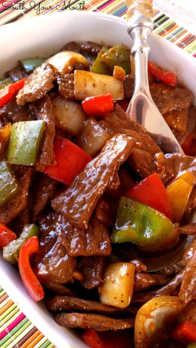 Pepper steak stir fry sliced thin and cooked with bell peppers in a savory quick sauce for the whole family