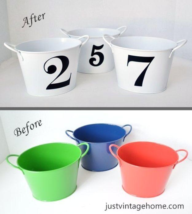 Before and after graphic of three party buckets sprayed white and numbered 2, 5 and 7 in black vinyl