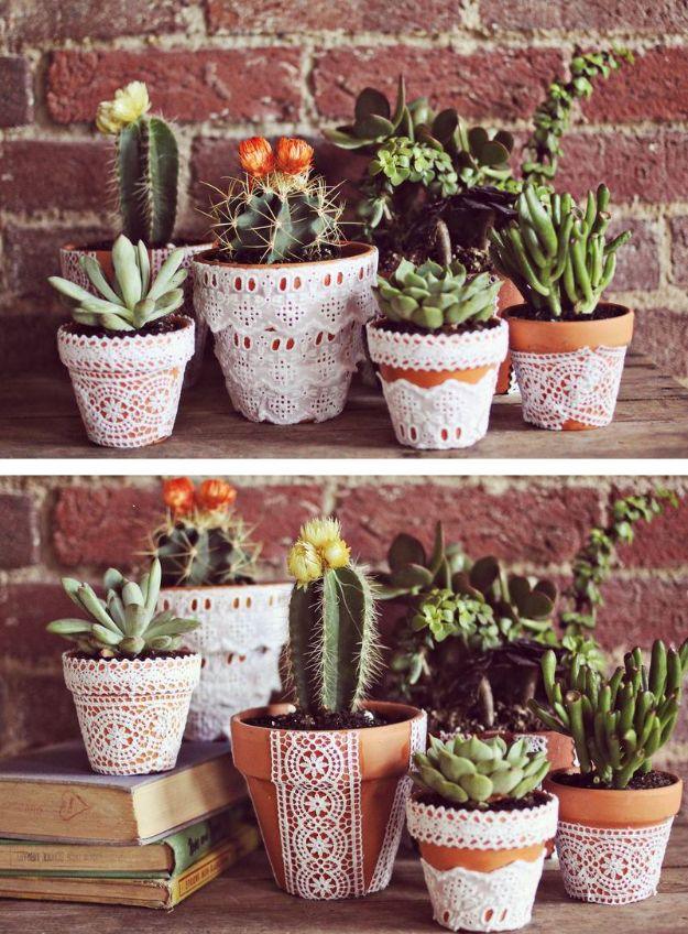 DIY Ideas for Clay Pots - Pretty Lace Terra Cotta Pots - Cute Gardening Projects Tutorials for Decorating Pots - Pretty Rustic and Farmhouse Planters for Cheap Home Decor