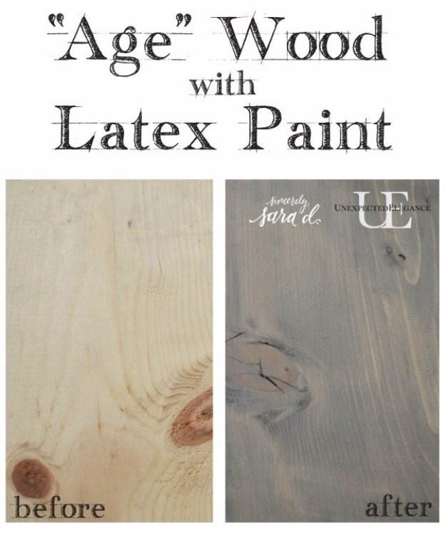 Weathered look using latex paint, a before and after of raw pine turned soft gray by a thinned DIY paint technique