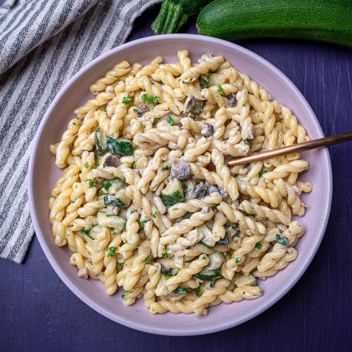 Creamy Mushroom Zucchini Pasta, easy to scale up for a bigger gathering and a bite worth requesting again the following week