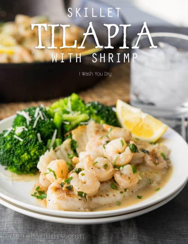 Skillet tilapia with shrimp in a white wine lemon butter sauce, an easy one pan seafood dinner recipe
