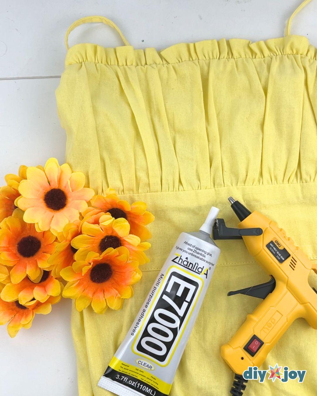 Couples Costume Sunflower And Gardener - sunflower costume materials, a yellow dress, fake sunflowers, and hot glue.