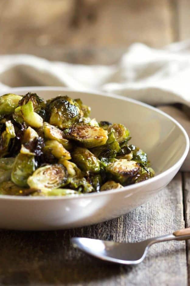 Honey balsamic roasted brussels sprouts with caramelized edges glossed in a dark balsamic honey glaze