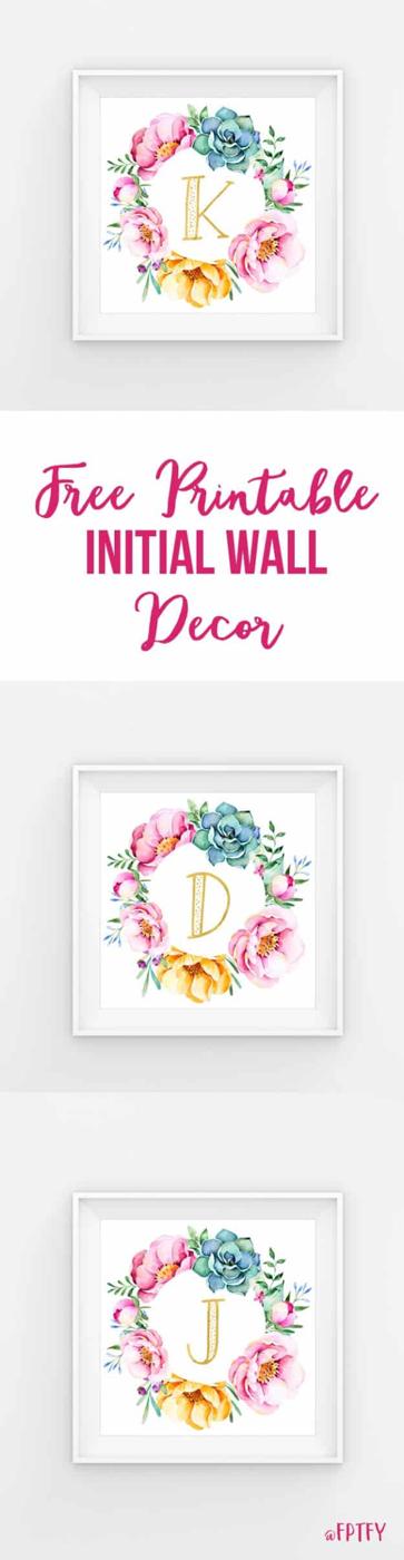 Free printable initial wall decor, a letter inside a pink and blue watercolor flower wreath shown as three framed nursery