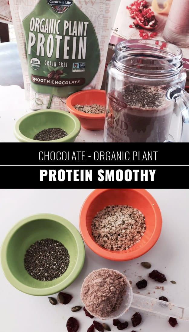 Chocolate smoothie blended with organic plant protein powder for a dessert flavored whole meal in a glass