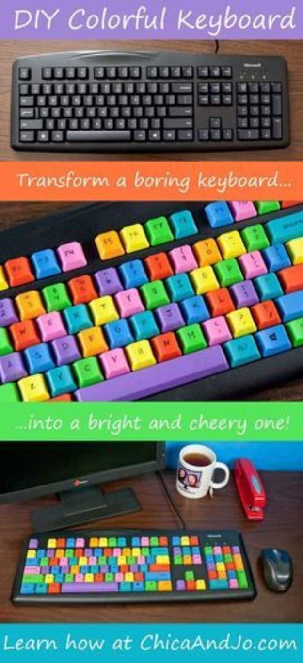 Plain black keyboard above the same board painted in rainbow keys, titled DIY colorful computer keyboard