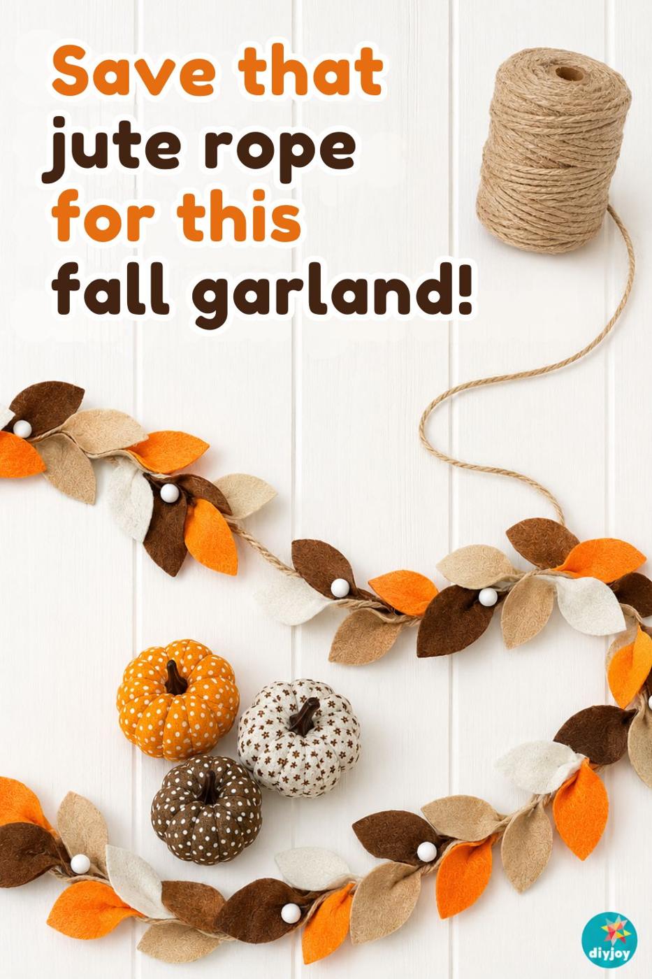 DIY leaf fall garland step by step tutorial using colorful felt leaves and rope for fall home decor.