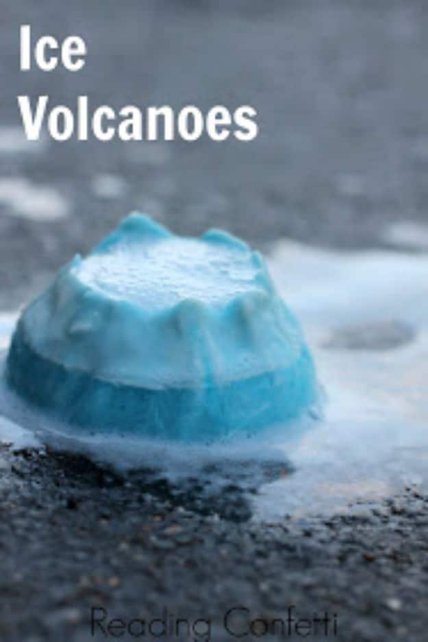 Pin graphic titled Ice Volcanoes showing a blue frozen dome erupting with white foam on gray gravel outdoors