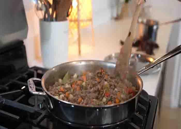 Browning the ground beef for the enchilada casserole