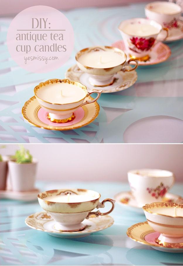 DIY antique teacup candles, gold rimmed china teacups on saucers filled with cream soy candle wax and single wicks