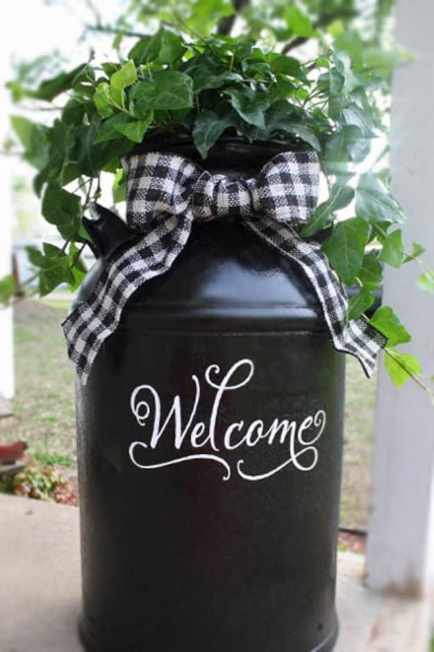 Recycled Milk Can, a pretty DIY patio decor idea for outdoor living and a budget friendly way to dress up a porch