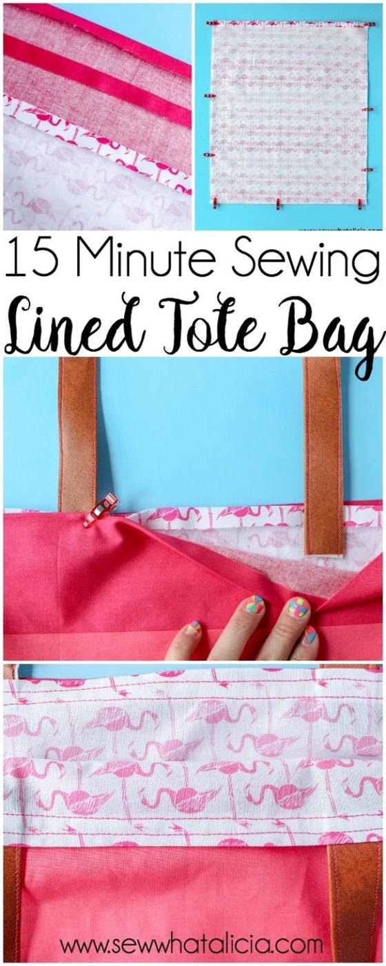 Fifteen minute lined tote bag, a three photo collage of a coral tote with tan handles and a pink flamingo print lining