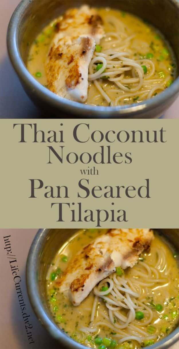 Thai coconut noodles with pan seared tilapia, cilantro and lime in a bowl, an easy coconut curry fish recipe