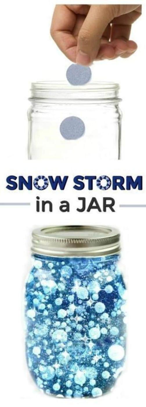 Pin graphic reading Snow Storm in a Jar, a hand dropping a tablet into a jar beside a jar of swirling blue glitter