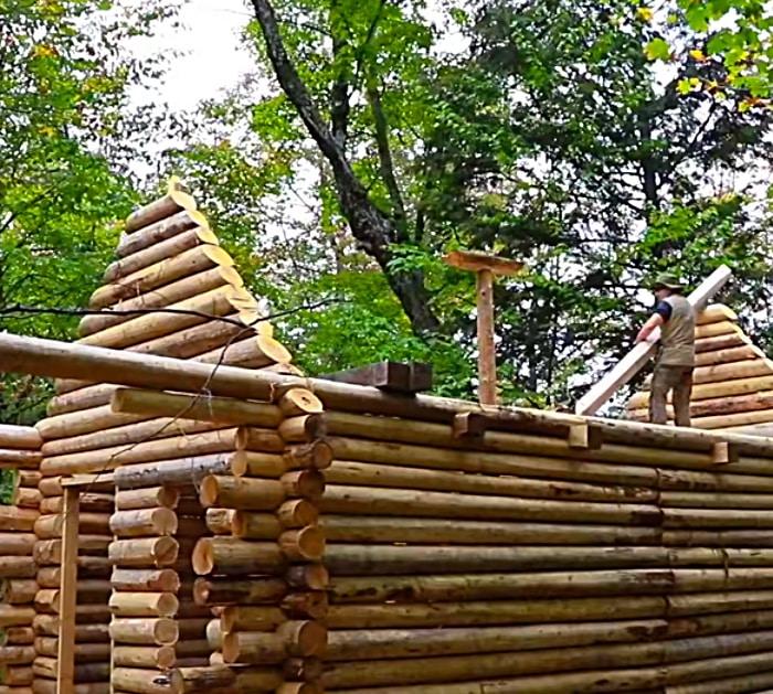 The building of an authentic log cabin using time lapse photography.