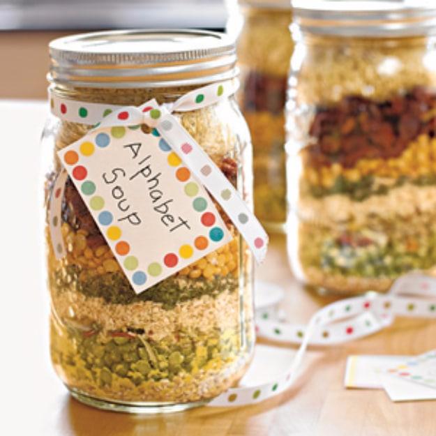 Alphabet Soup In A Jar, a thoughtful homemade present, quick to assemble with things already in the craft bin