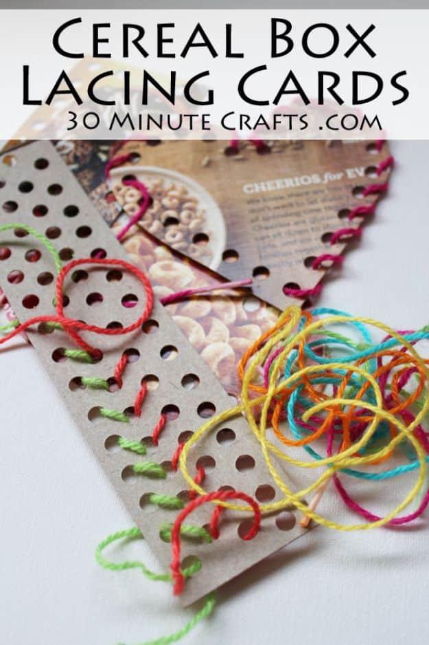 Cereal Box Lacing Cards, a project worth trying this weekend and an idea that is easy to recreate at home