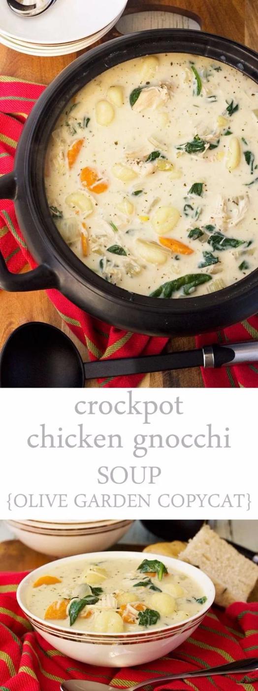 Crockpot chicken gnocchi soup with shredded chicken, gnocchi, carrots, celery and spinach in a creamy broth