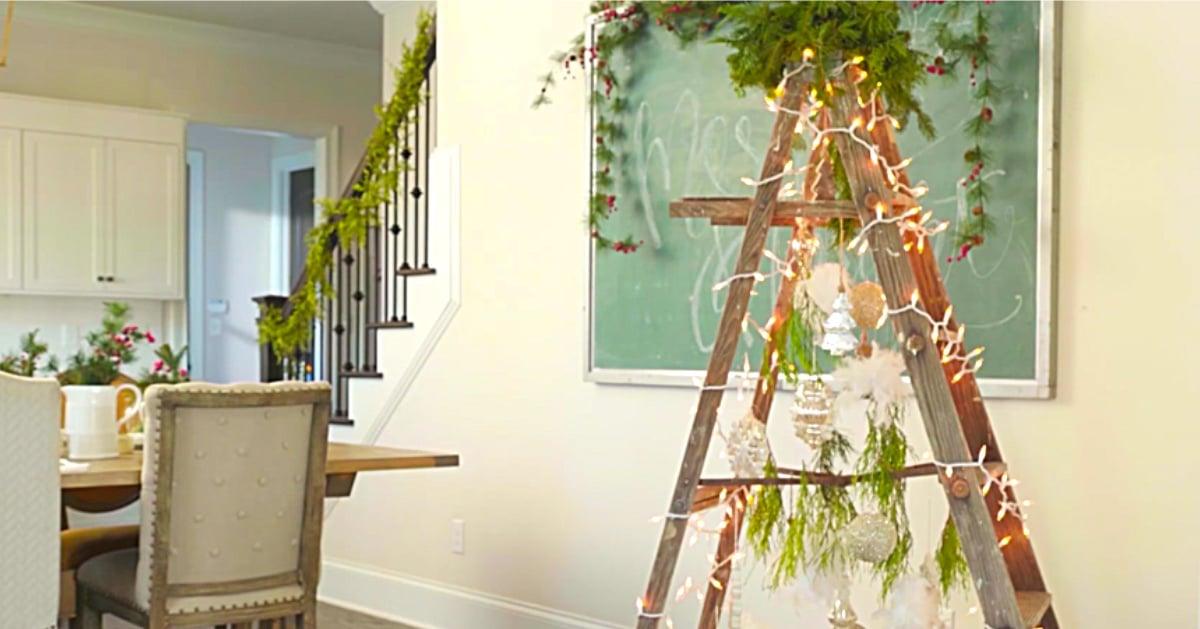 DIY Rustic Farmhouse Christmas Tree Using An Old Ladder