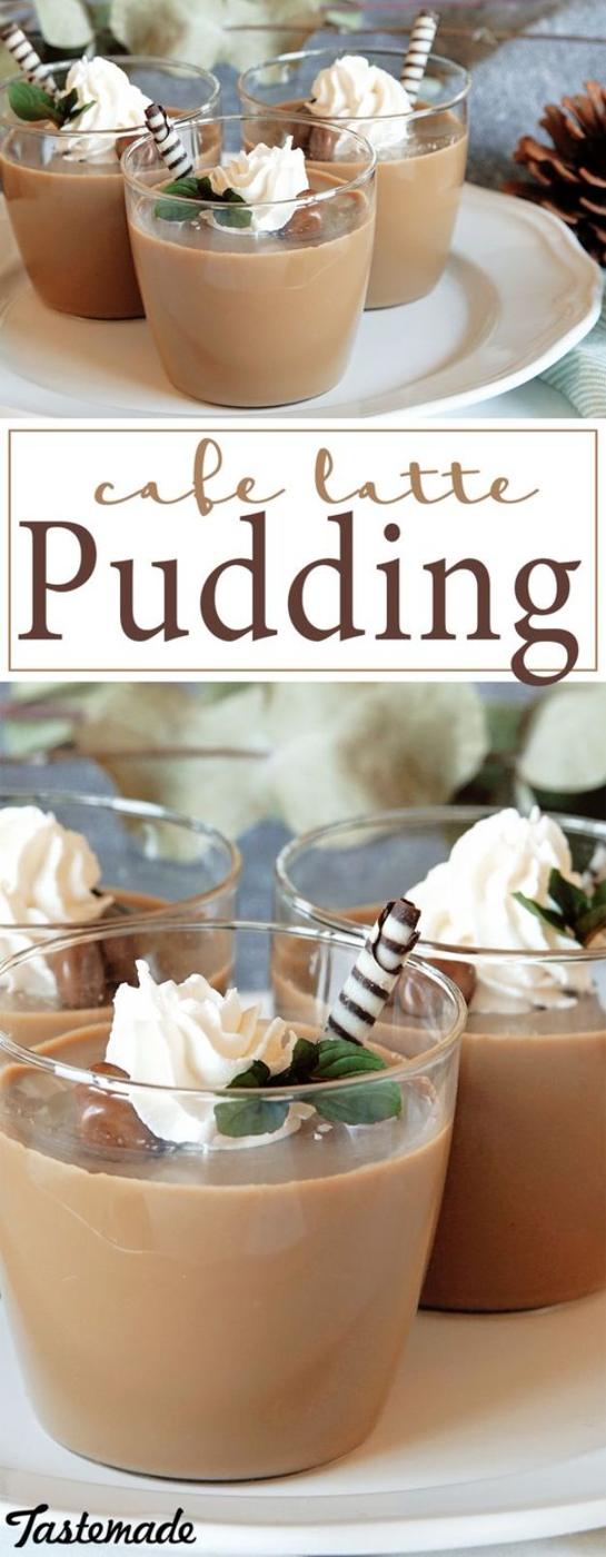 Cafe latte pudding served in small glasses topped with whipped cream and striped paper straws on white plates