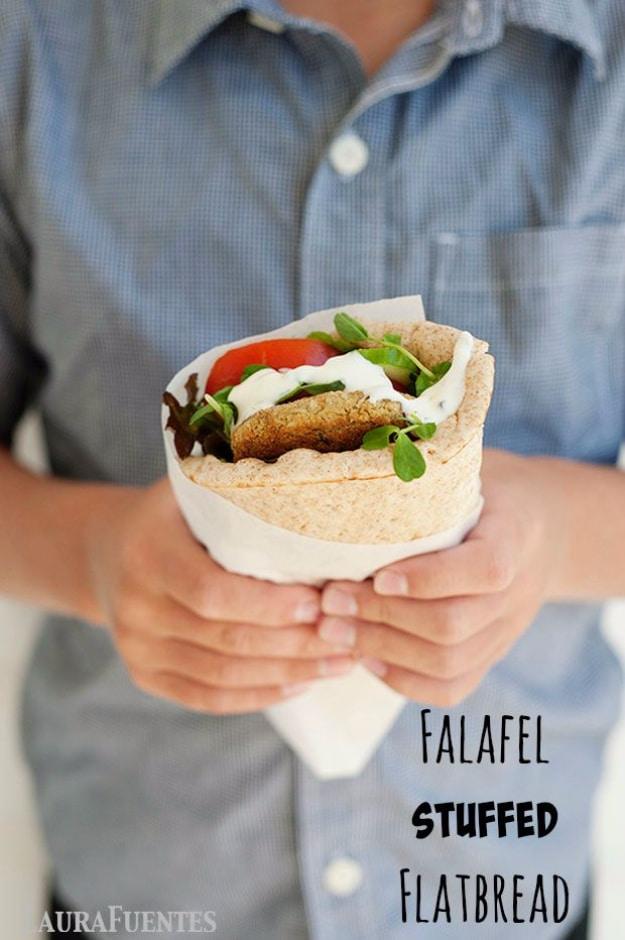 Healthy Lunch Ideas for Work - Falafel Stuffed Flatbread With Tzatziki Sauce - Quick and Easy Recipes You Can Pack for Lunches at the Office - Lowfat and Simple Ideas for Eating on