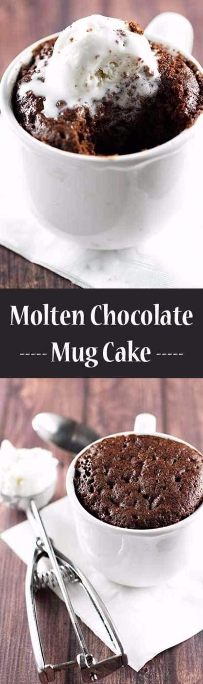 Molten chocolate mug cake with a gooey melted center in a white mug, an easy five minute microwave dessert