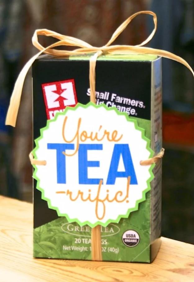 Tea themed gift assembled around a tea bag pun for a punny coworker gift that always gets a laugh for the whole family