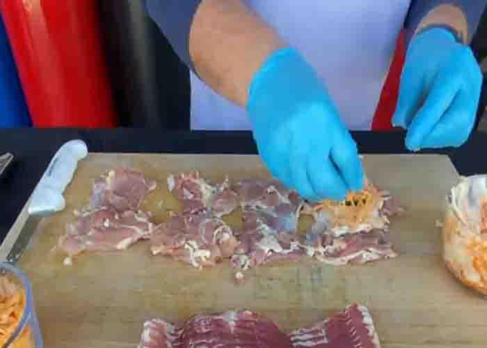 Assembling the barbecue chicken bombs