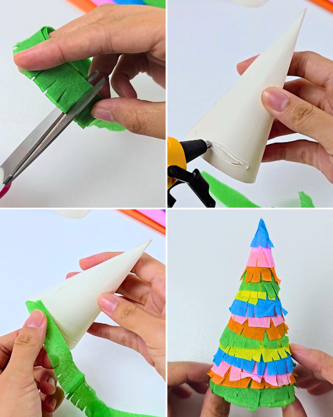 Cheap DIY Halloween Ideas - scissors fringing crepe paper, a glue gun on the cone tip, then the cone covered in fringe