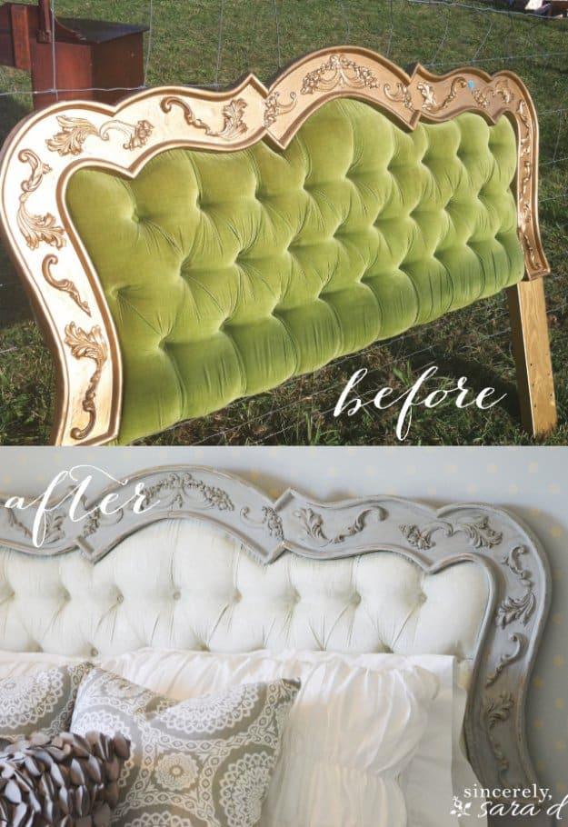 Before and after graphic showing a green velvet tufted headboard painted cream white with a grey painted frame