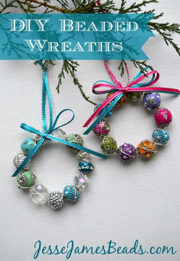 DIY bead wreath ornaments strung together for a festive handmade accent to hang around the home this season