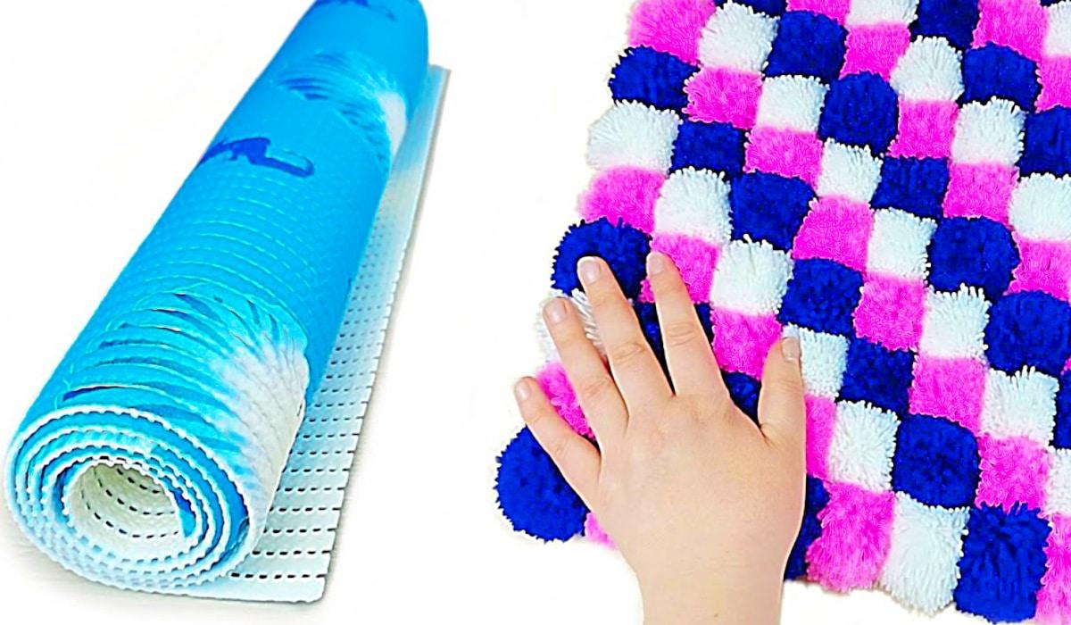 Dollar Tree Craft Idea: Turn A Shower Mat Into A Pom-Pom Carpet