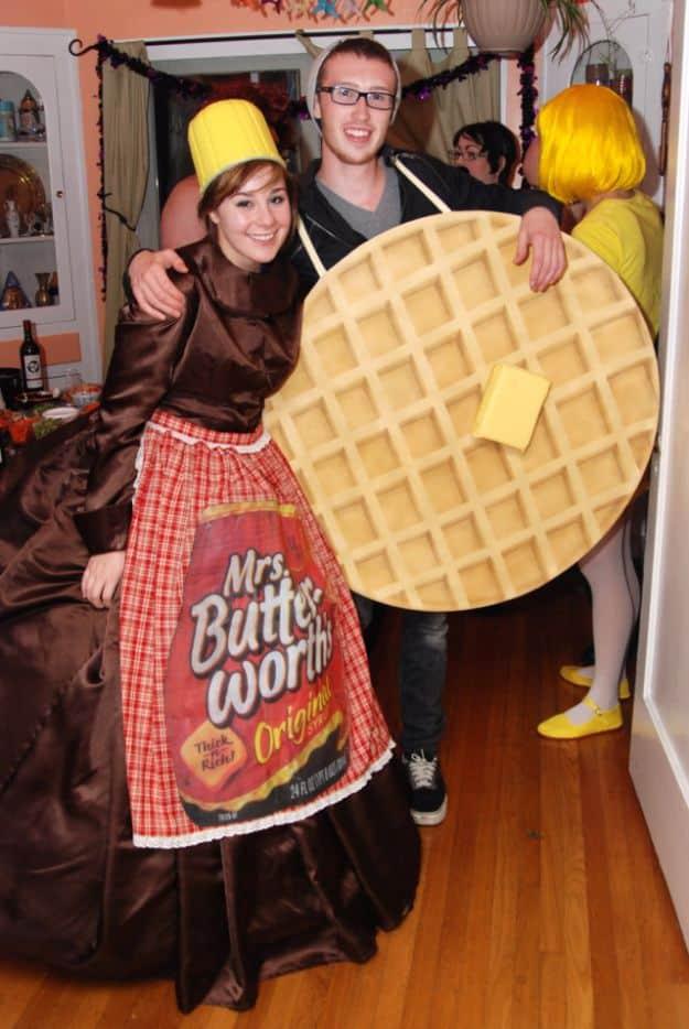 Waffle and Mrs. Buttersworth couples costume with a brown satin gown, yellow bucket cap and a foam board waffle