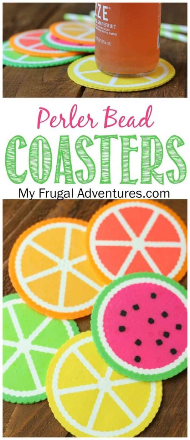 Perler bead fruit coasters, five citrus and watermelon slice coasters in bright beads above a bottle on a coaster