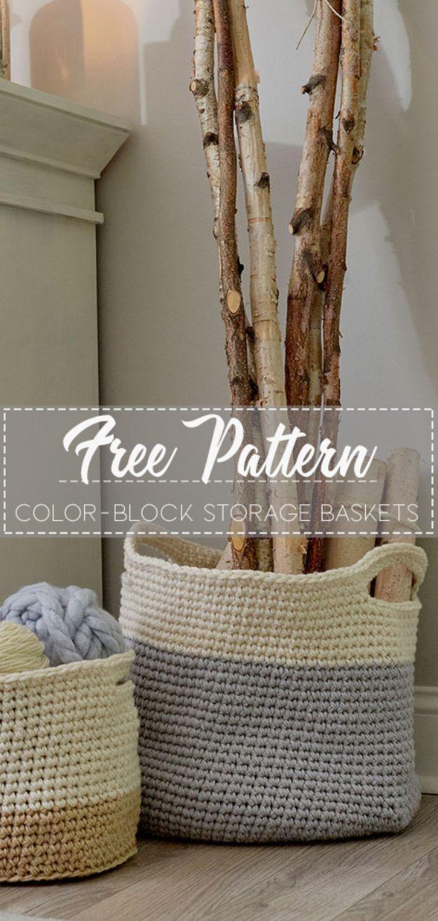 DIY Storage Baskets - Color-Block Storage Baskets - Cheap and Easy Ideas for Getting Organized - Creative Home Decor on A Budget - Farmhouse, Modern and Rustic Basket Projects