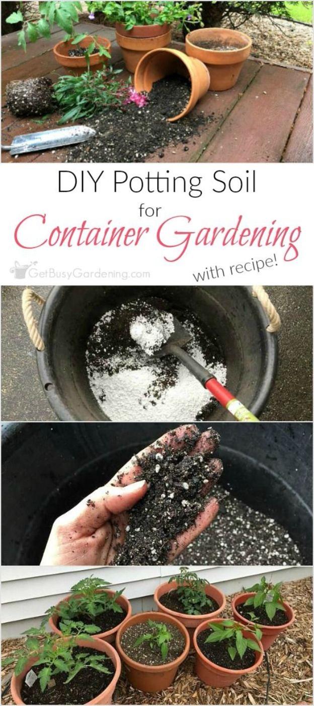DIY potting soil for container gardening, dry mix being blended in a black tub beside terracotta pots and seedlings
