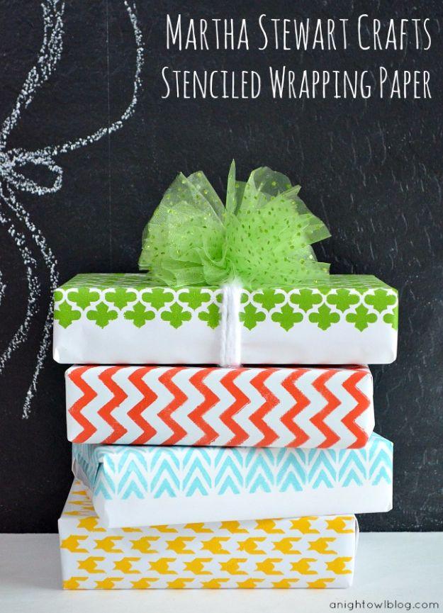 Martha Stewart Crafts stenciled wrapping paper graphic with four patterned boxes stacked on a chalkboard