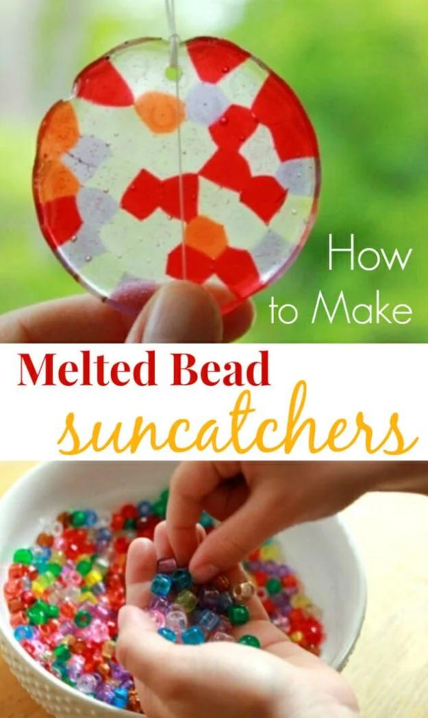 Round melted bead suncatcher hanging in a window, above a photo of hands sorting a bowl of colored pony beads